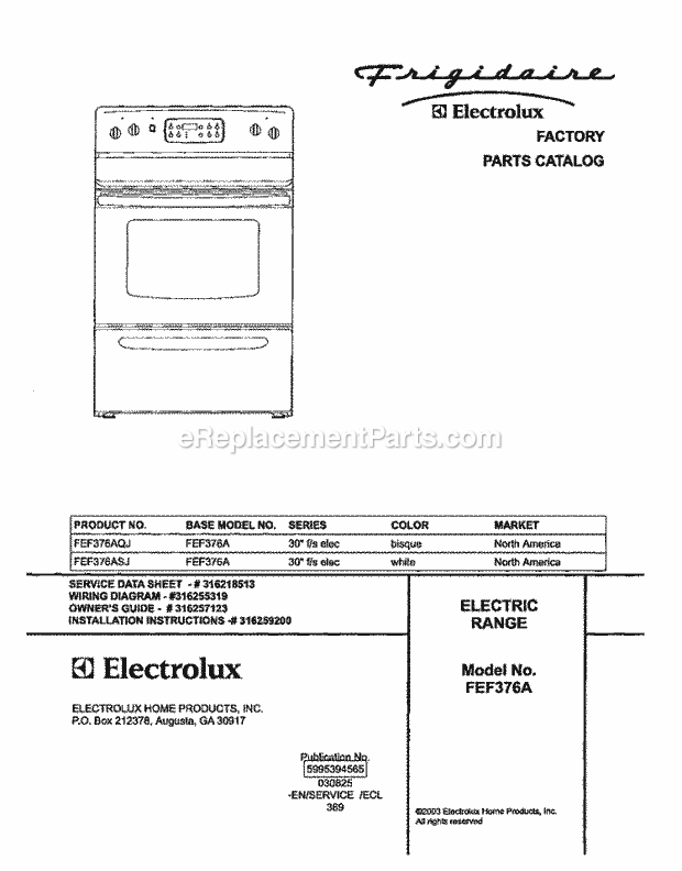 Frigidaire FEF376ASJ Freestanding, Electric Electric Range Page C Diagram