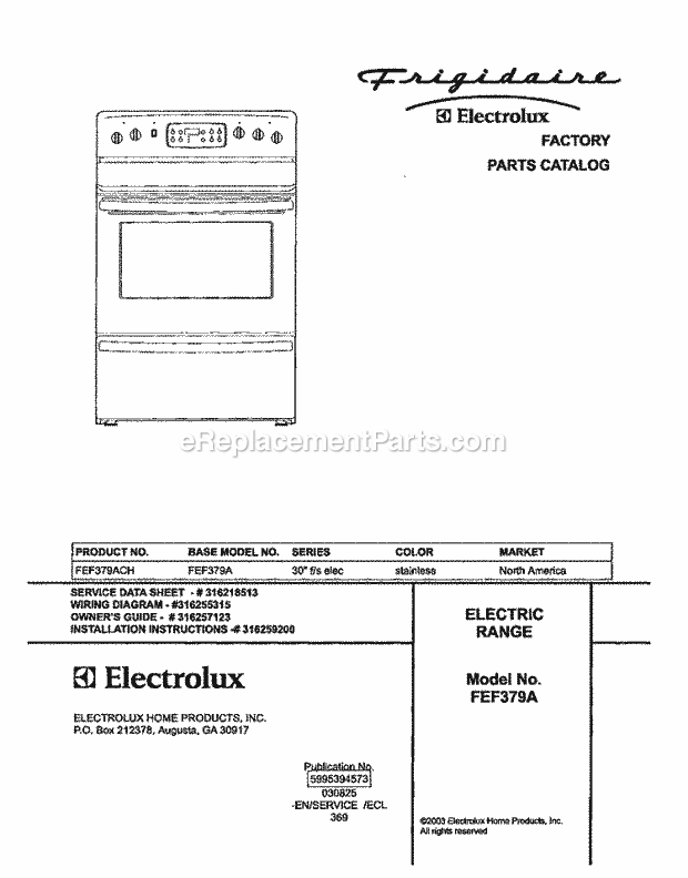 Frigidaire FEF379ACH Freestanding, Electric Electric Range Page C Diagram