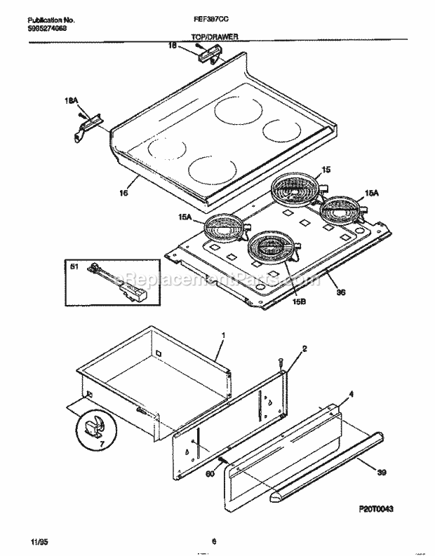 Frigidaire FEF387CCTD Freestanding, Electric Electric Range Top / Drawer Diagram