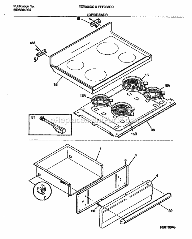 Frigidaire FEF388CCSA Freestanding, Electric Electric Range Top / Drawer Diagram