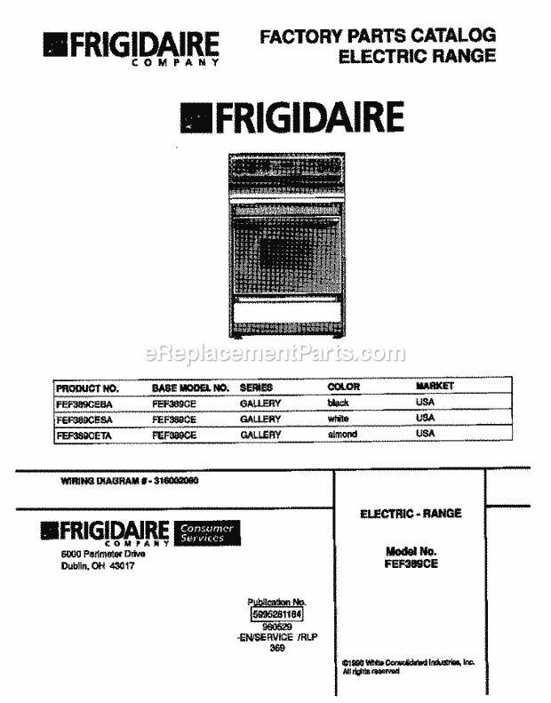 Frigidaire FEF389CETA Freestanding, Electric Frigidaire Electric Range Page C Diagram