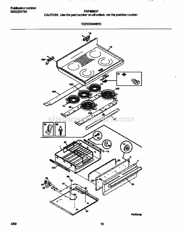 Frigidaire FEF389CFSK Freestanding, Electric Electric Range Top / Drawer Diagram