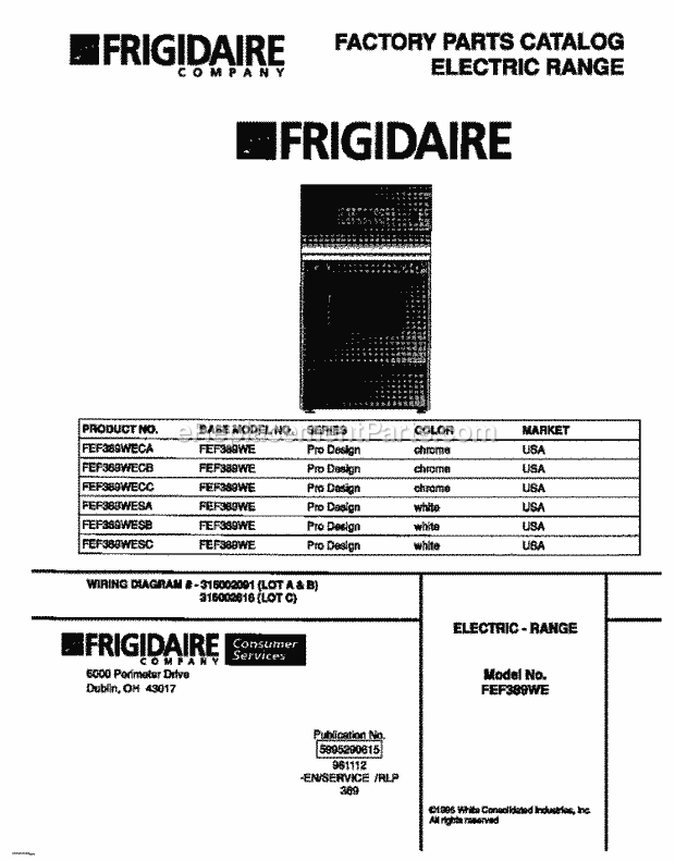 Frigidaire FEF389WECB Freestanding, Electric Frigidaire Electric Range Page C Diagram