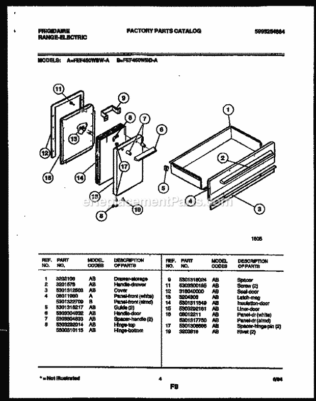Frigidaire FEF450WBWA Freestanding, Electric Electric Range Door and Drawer Parts Diagram