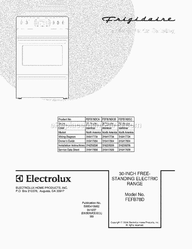 Frigidaire FEFB78DCB Freestanding, Electric Electric Range Page C Diagram