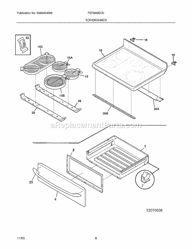 Frigidaire FEFB89ECD Freestanding, Electric Electric Range Top / Drawer Diagram