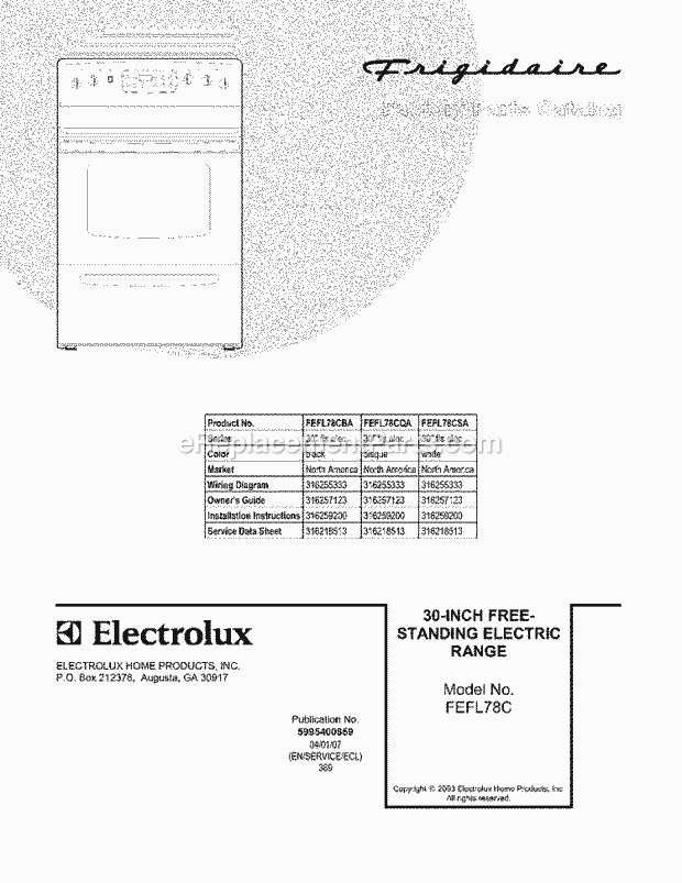 Frigidaire FEFL78CBA Freestanding, Electric Electric Range Page C Diagram