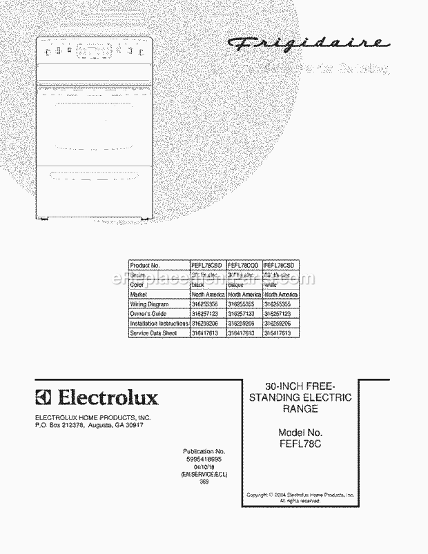 Frigidaire FEFL78CBD Freestanding, Electric Electric Range Page C Diagram