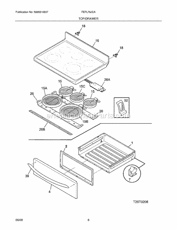 Frigidaire FEFL79JCA Range Top/Drawer Diagram