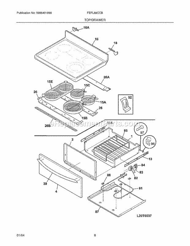 Frigidaire FEFL89CCB Freestanding, Electric Electric Range Top / Drawer Diagram