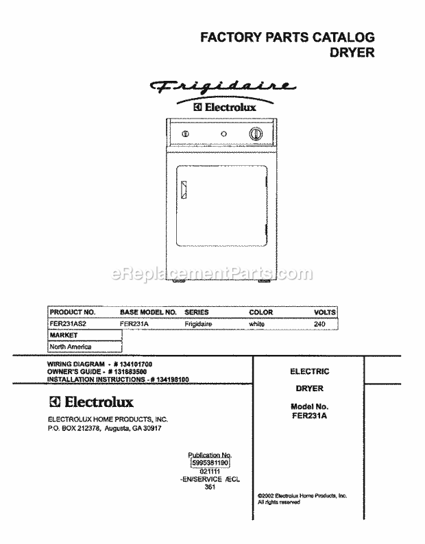 Frigidaire FER231AS2 Residential Dryer Page C Diagram