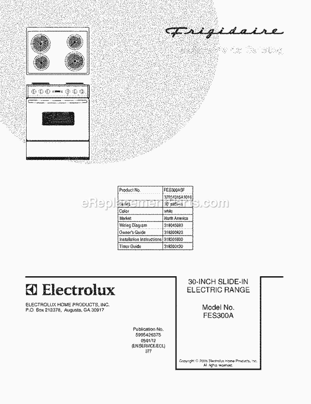 Frigidaire FES300ASF Slide-In, Electric Electric Range Page C Diagram
