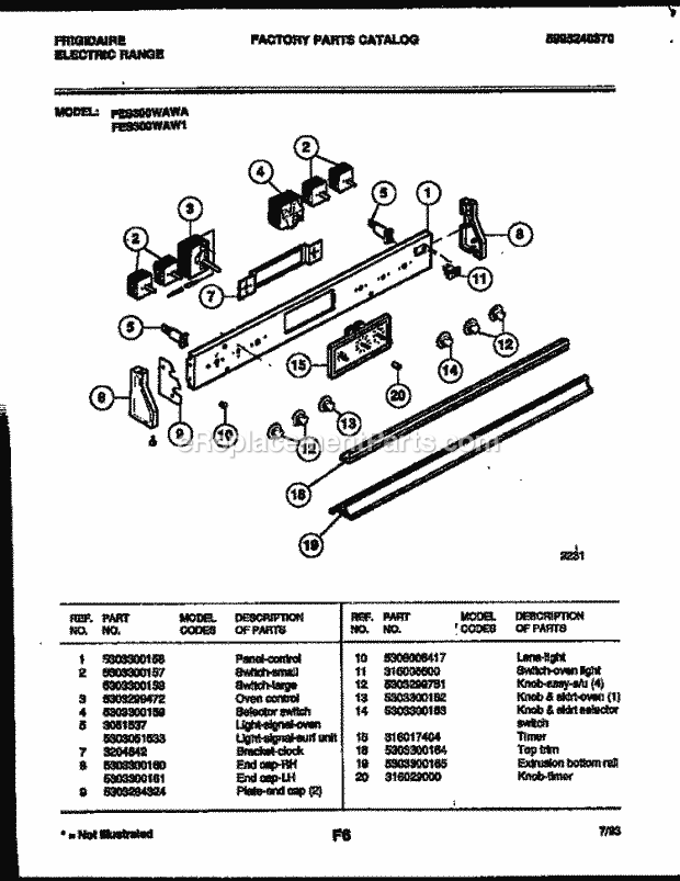 Frigidaire FES300WAB1 Slide-In, Electric Electric Range Control Panel Diagram