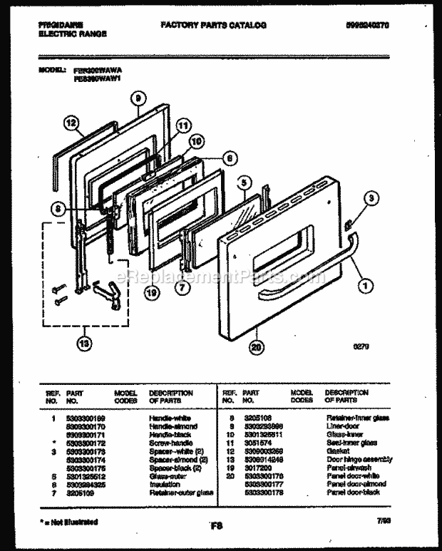 Frigidaire FES300WAB1 Slide-In, Electric Electric Range Door Parts Diagram