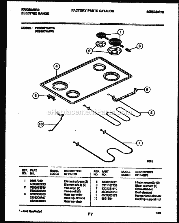 Frigidaire FES300WADA Slide-In, Electric Electric Range Cooktop and Broiler Parts Diagram