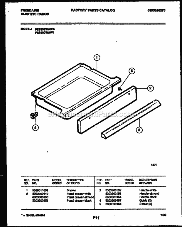 Frigidaire FES300WAWA Slide-In, Electric Electric Range Drawer Parts Diagram