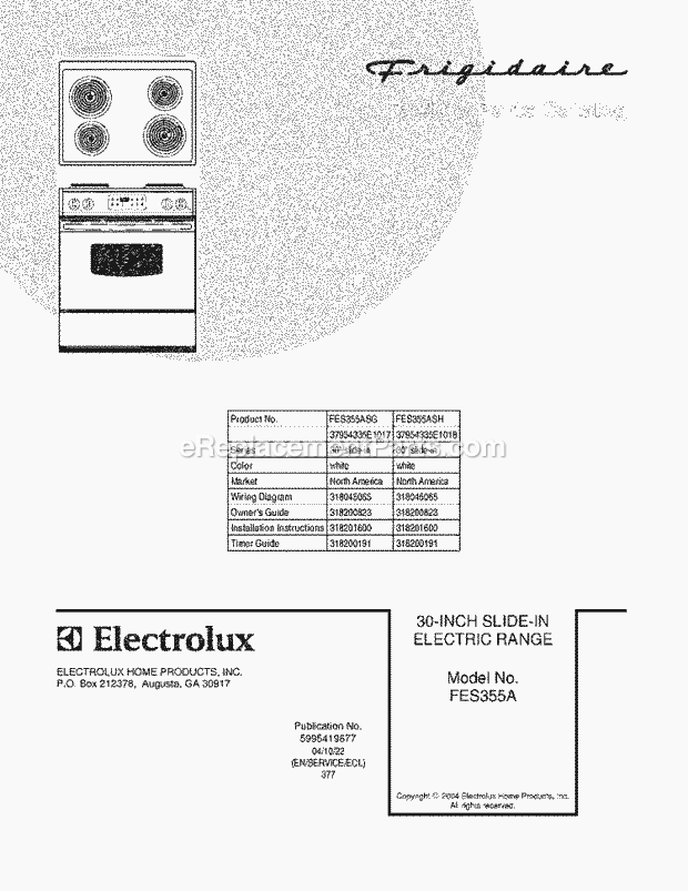 Frigidaire FES355ASH Slide-In, Electric Electric Range Page C Diagram