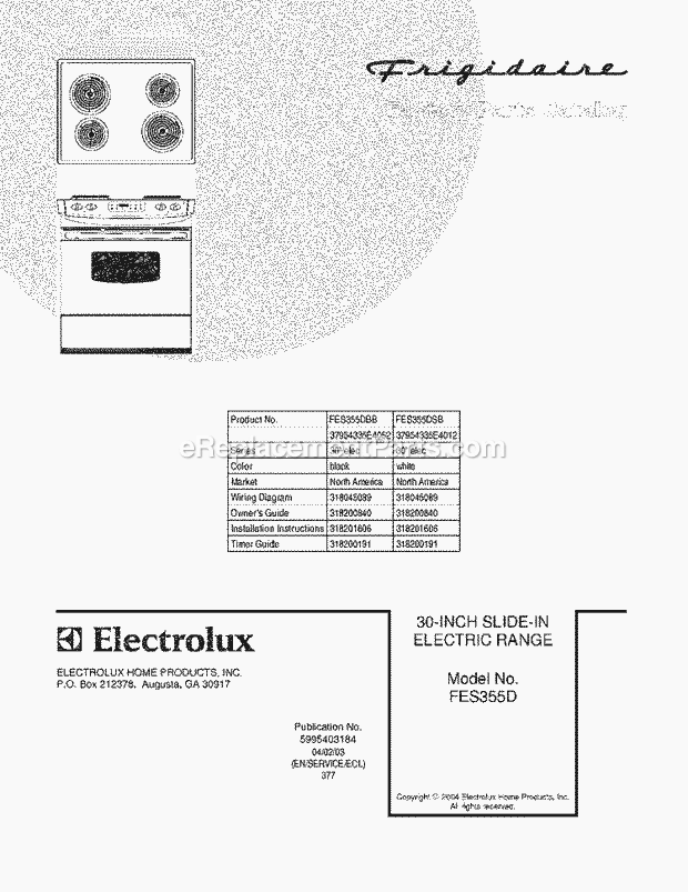 Frigidaire FES355DBB Slide-In, Electric Electric Range Page C Diagram