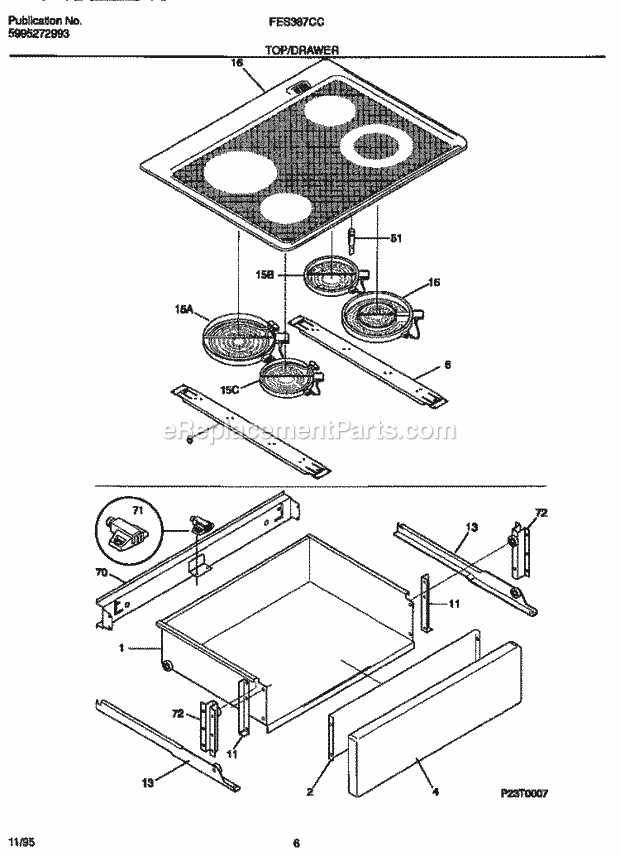 Frigidaire FES387CCSA Slide-In, Electric Electric Range Top / Drawer Diagram