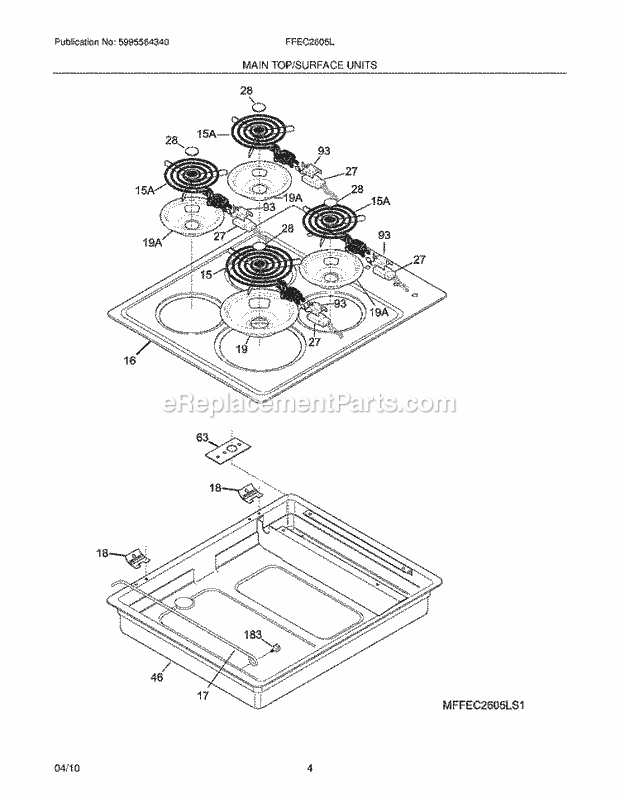 Frigidaire FFEC2605LW1 Range Maintop/Surface Units Diagram