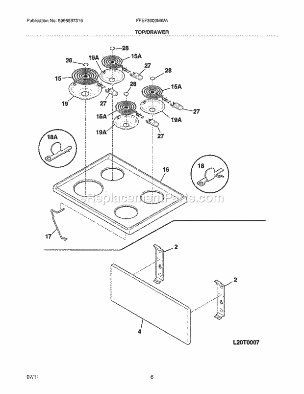 Frigidaire FFEF3000MWA Range Top/Drawer Diagram