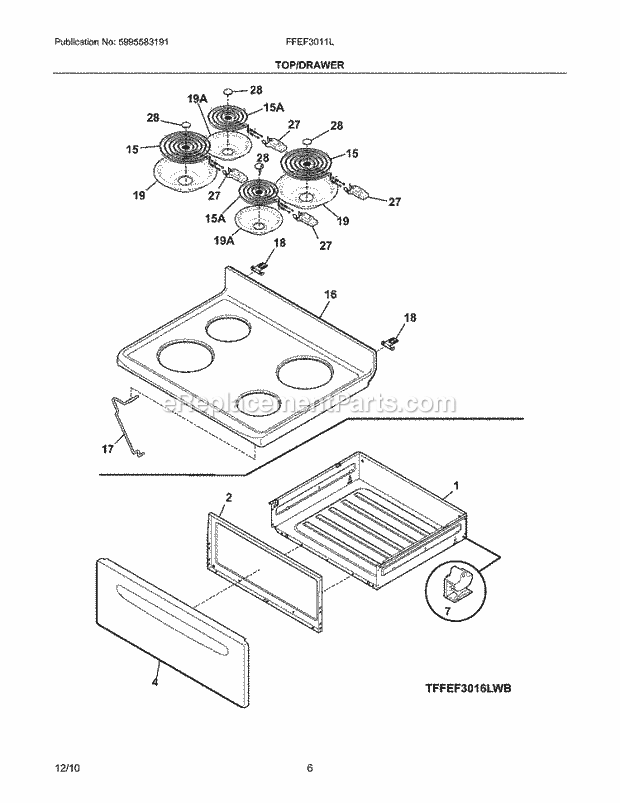 Frigidaire FFEF3011LWC Range Top/Drawer Diagram