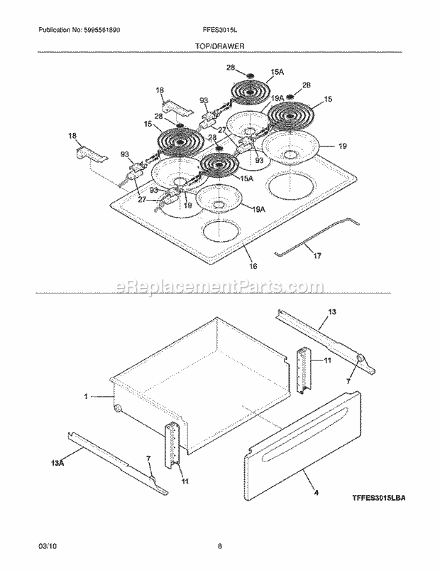 Frigidaire FFES3015LBA Range Top/Drawer Diagram