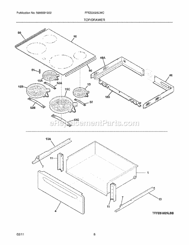 Frigidaire FFES3025LWC Range Top/Drawer Diagram