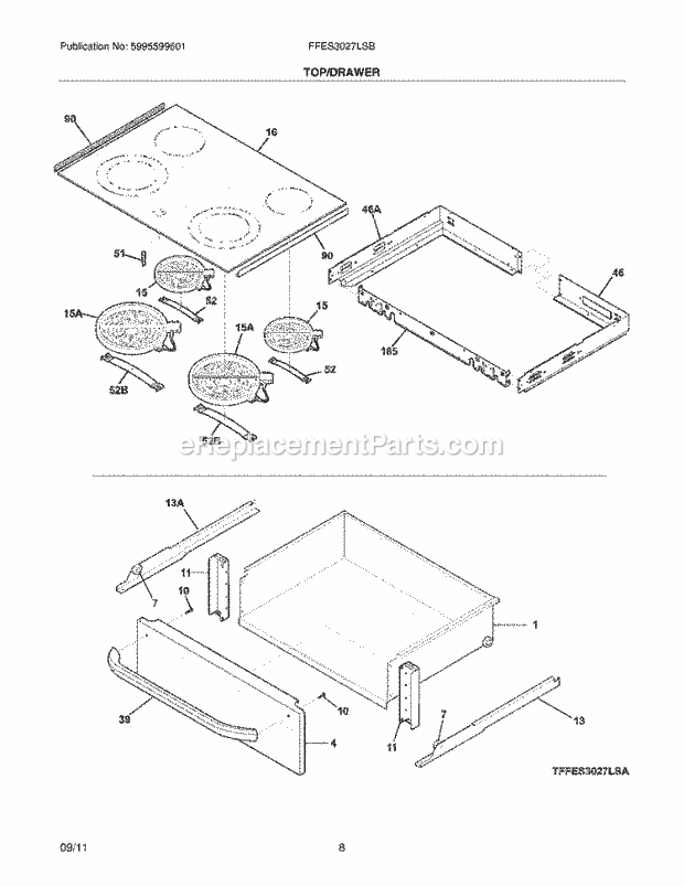 Frigidaire FFES3027LSB Range Top/Drawer Diagram