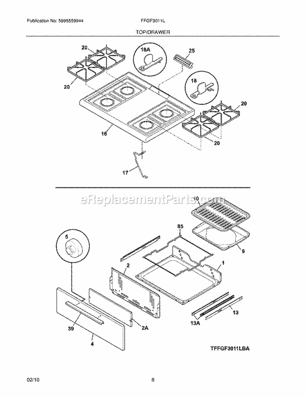 Frigidaire FFGF3011LBA Range Top/Drawer Diagram