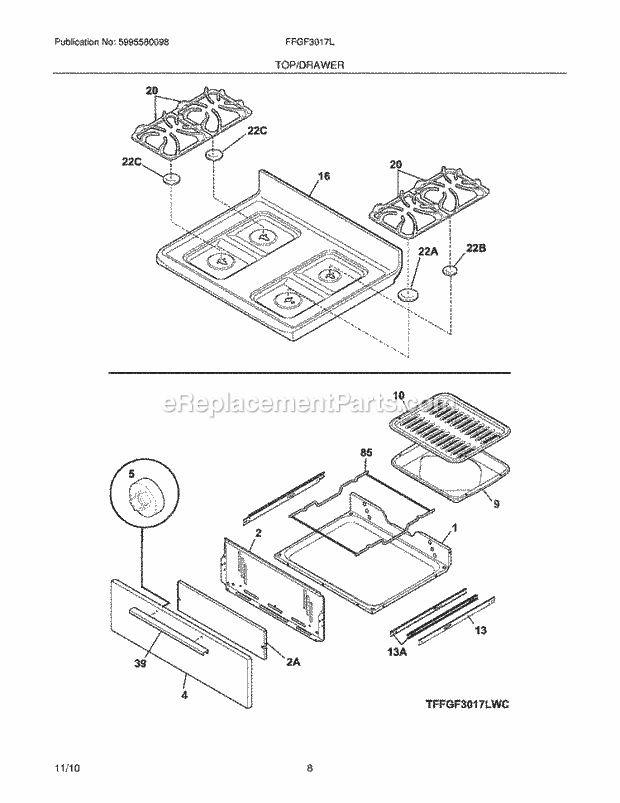 Frigidaire FFGF3017LBD Range Top/Drawer Diagram