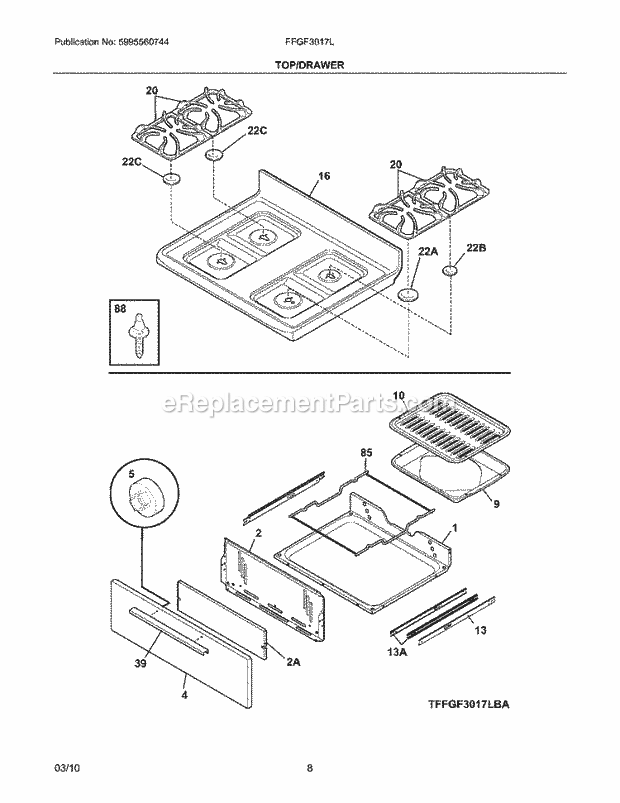 Frigidaire FFGF3017LWA Range Top/Drawer Diagram