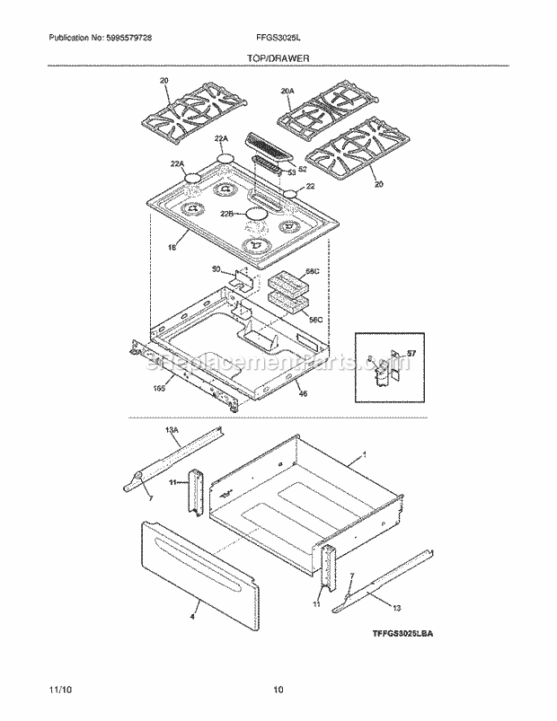 Frigidaire FFGS3025LWB Range Top/Drawer Diagram