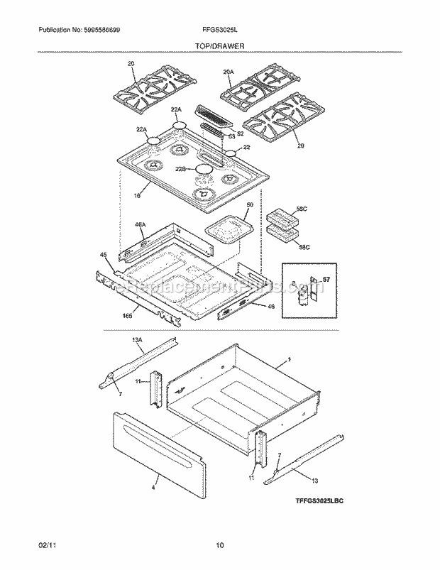 Frigidaire FFGS3025LWD Range Top/Drawer Diagram