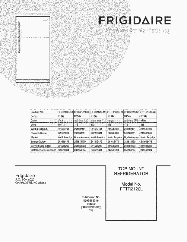Frigidaire FFTR2126LW3 Refrigerator Page B Diagram