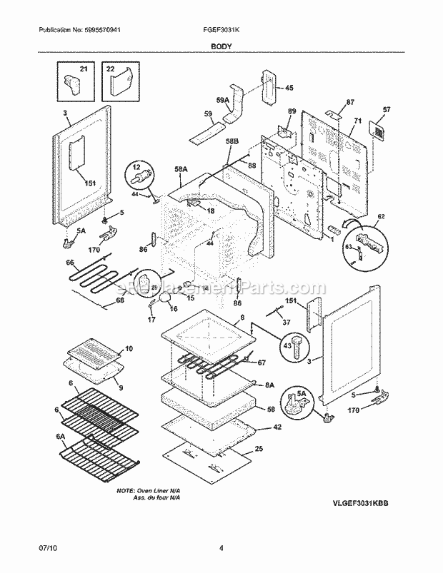 Frigidaire FGEF3031KBC Range Body Diagram