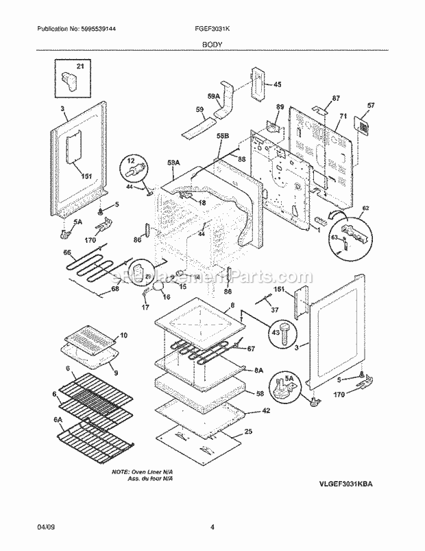 Frigidaire FGEF3031KQA Range Body Diagram