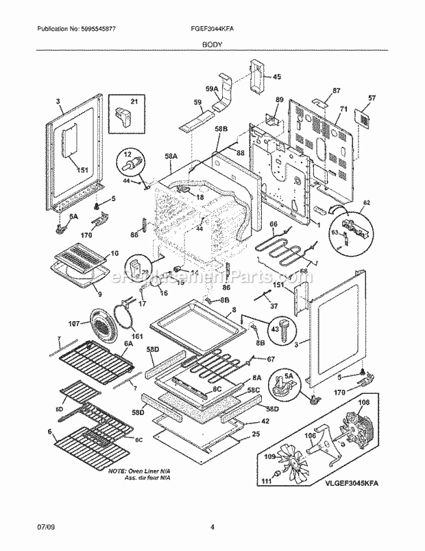 Frigidaire FGEF3044KFA Range Body Diagram