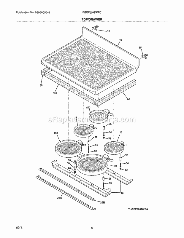 Frigidaire FGEF304DKFC Range Top/Drawer Diagram