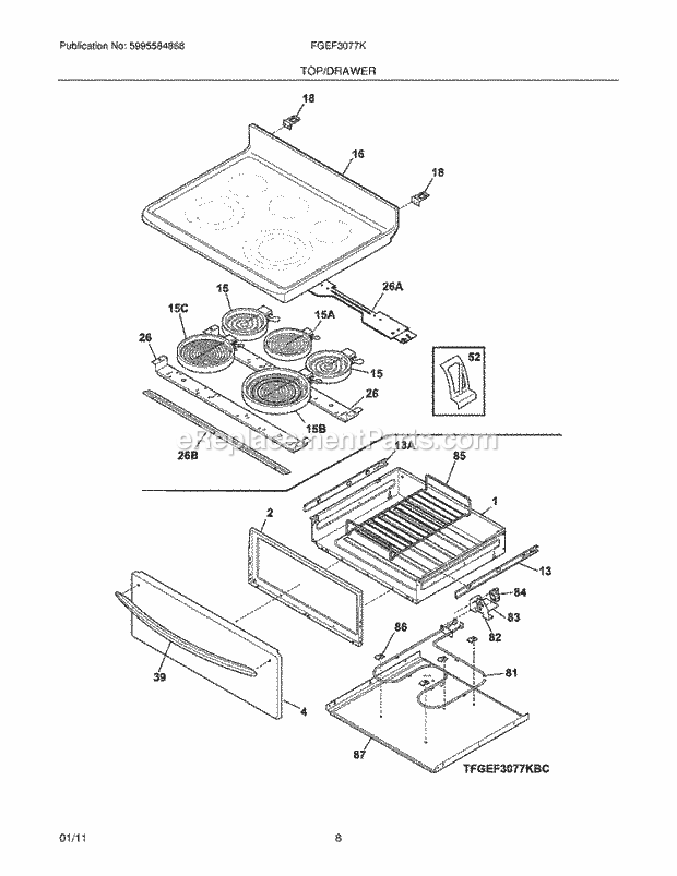 Frigidaire FGEF3077KWD Range Top/Drawer Diagram