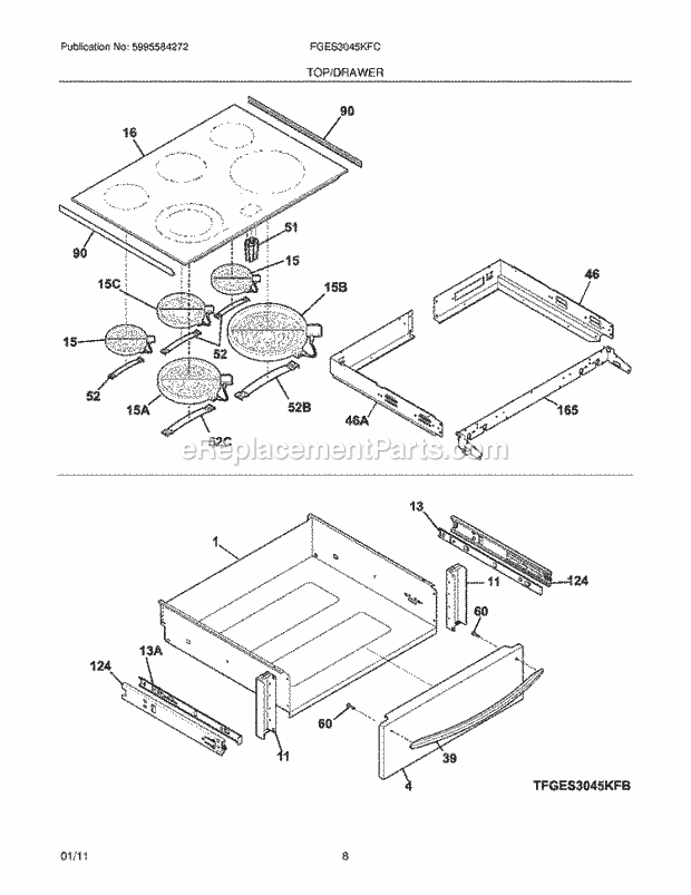 Frigidaire FGES3045KFC Range Top/Drawer Diagram