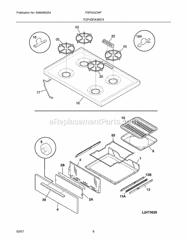 Frigidaire FGF303CWF Freestanding, Gas Gas Range Top / Drawer Diagram