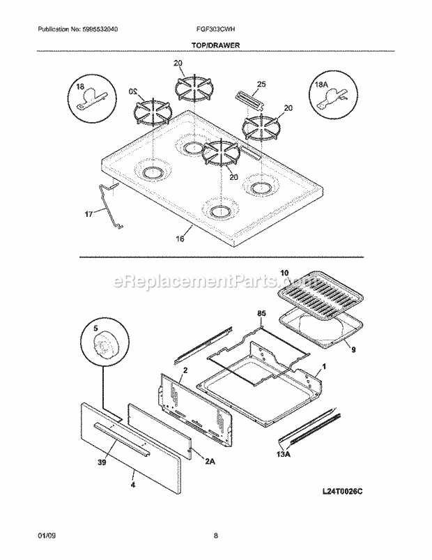 Frigidaire FGF303CWH Range Top/Drawer Diagram