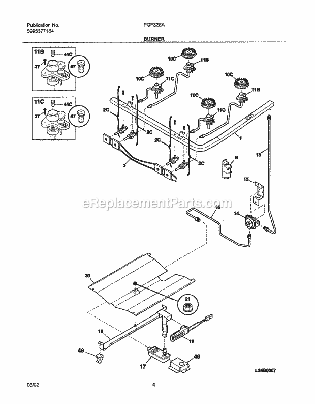 Frigidaire FGF326AWA Freestanding, Gas Gas Range Burner Diagram