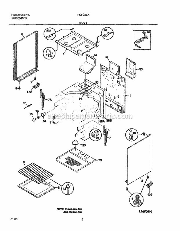 Frigidaire FGF326AWD Freestanding, Gas Gas Range Body Diagram