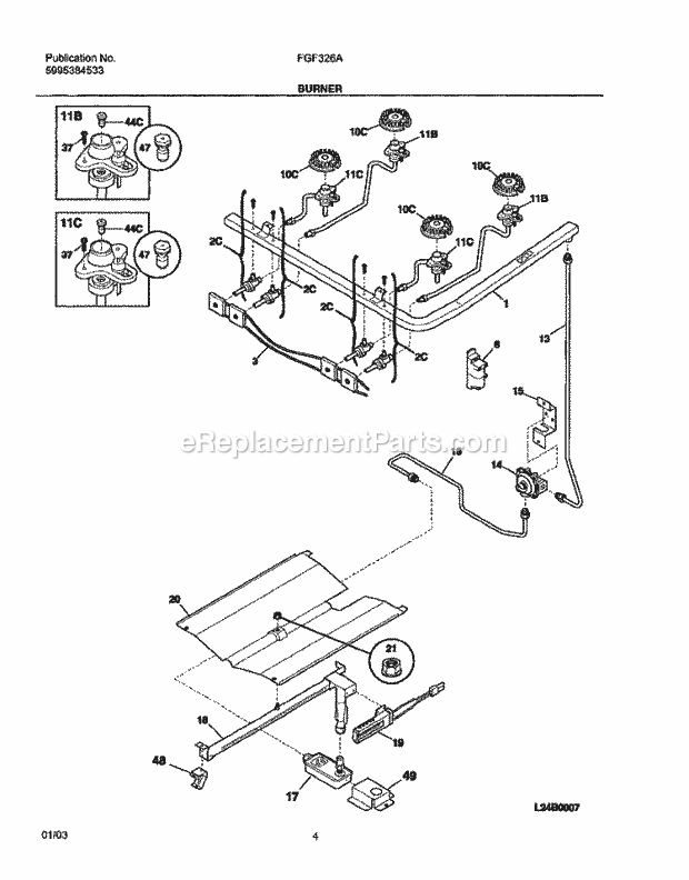 Frigidaire FGF326AWD Freestanding, Gas Gas Range Burner Diagram