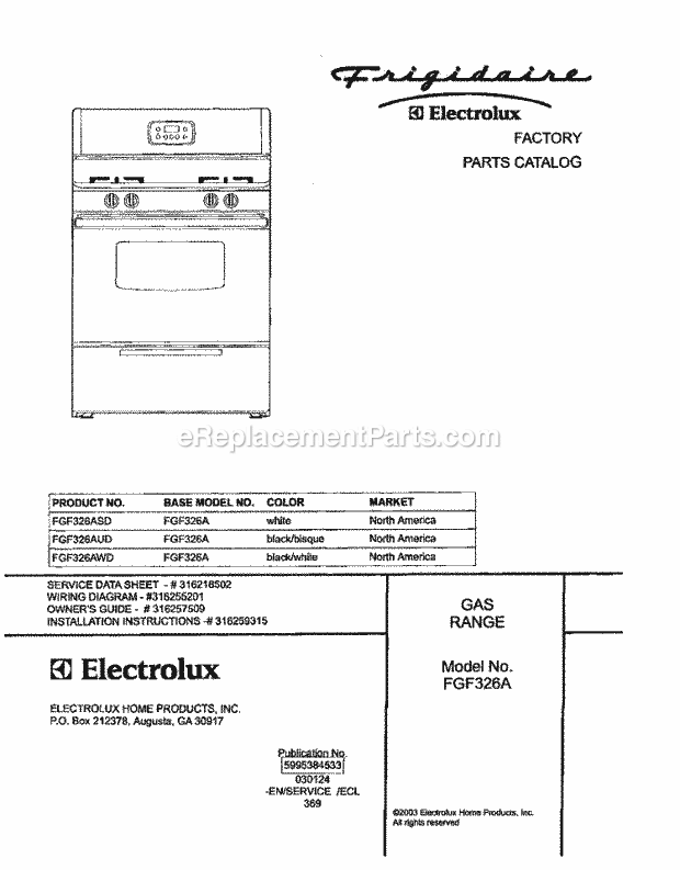 Frigidaire FGF326AWD Freestanding, Gas Gas Range Page D Diagram