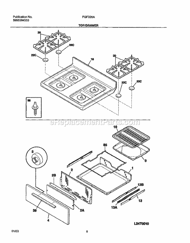 Frigidaire FGF326AWD Freestanding, Gas Gas Range Top / Drawer Diagram