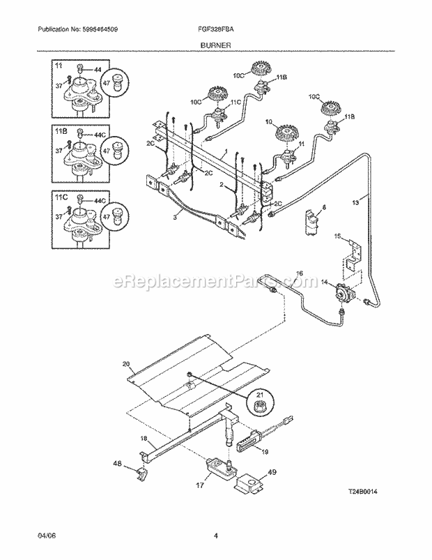 Frigidaire FGF328FBA Freestanding, Gas Gas Range Burner Diagram