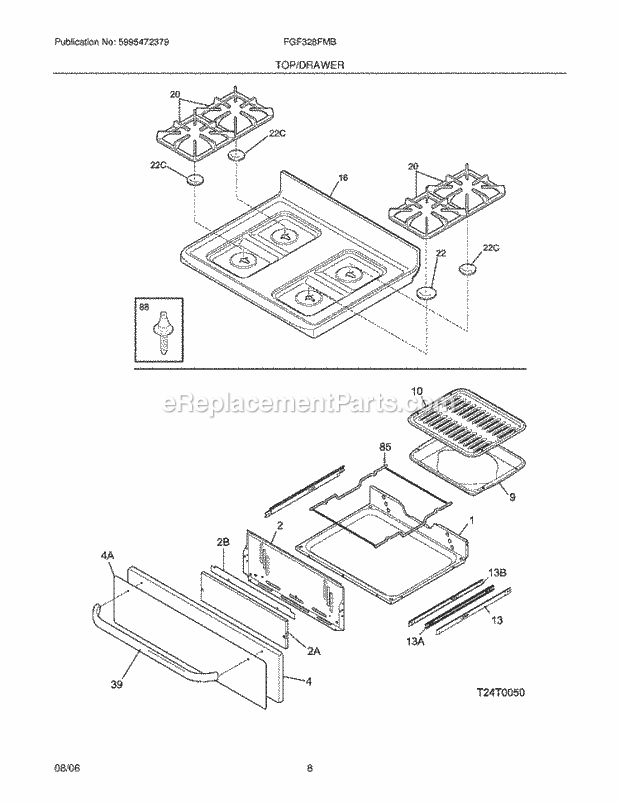 Frigidaire FGF328FMB Freestanding, Gas Gas Range Top / Drawer Diagram